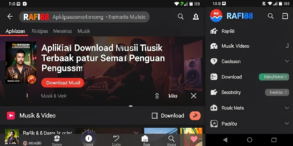Tampilan antarmuka RAFI88 dengan berbagai pilihan musik dan fitur unduh.