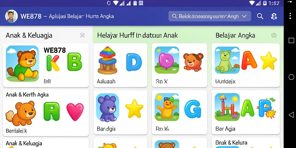 Antarmuka aplikasi WE878 untuk belajar huruf dan angka.